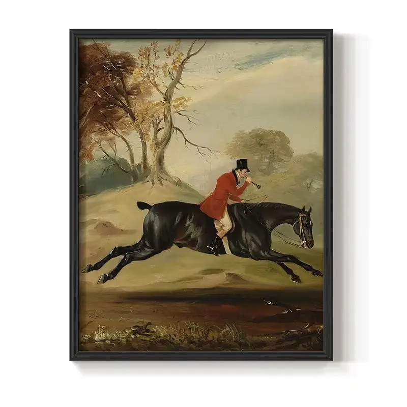 Vintage Horse Rider Jumping Landscape Poster, Classic Hunting Scene Wall Art for Living Room Office Study, Framed Rustic Canvas, Elegant Old World Style Decor