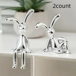 Two Modern Silver Color Resin Rabbit Figurines, Fantasy Themed Home Decor for Living Room and Bedroom, Ideal Easter Gift for Friends