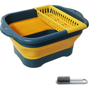 2.77 Gallon (10.5L) Collapsible Dish Basin with Drain Plug, Yellow Camping Dish Basin for RV, Space-Saving Foldable Wash Tub, BPA-Free Portable Sink for Vegetables and Dishes- with Brush