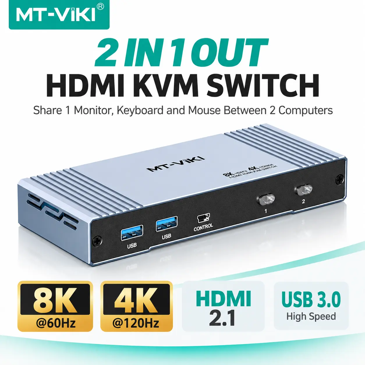 MT-ViKI 2 Port HDMI 2.1 KVM Switch 8K@60Hz, 4K@120Hz, 2K@144Hz, USB 3.0 KVM Switch for 2 Computers 1 Monitor, Button & Desktop Controller