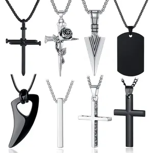 8 Pieces Necklace for Men, Men’s Necklaces Jewelry Set, Black and Silver Stainless Steel Necklace, Cross Pendant Necklace, 16–24 Inch Chain
