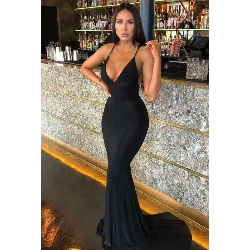 fitted lace wedding dress New Arrival Black Ankle-Length V-Neck Sleeveless Mermaid Prom Dresses