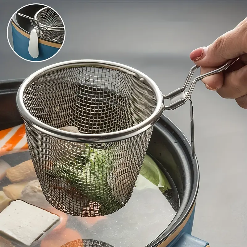 1pc, Stainless Steel Pasta Basket, Pasta Strainer Basket Mesh Strainer, Hanging Frying Basket, Stainless Steel Frying Basket, Household Fry Basket Strainer, Kitchen Cooking Tool For Fried Food, Kitchen Stuff, Kitchen Gadgets
