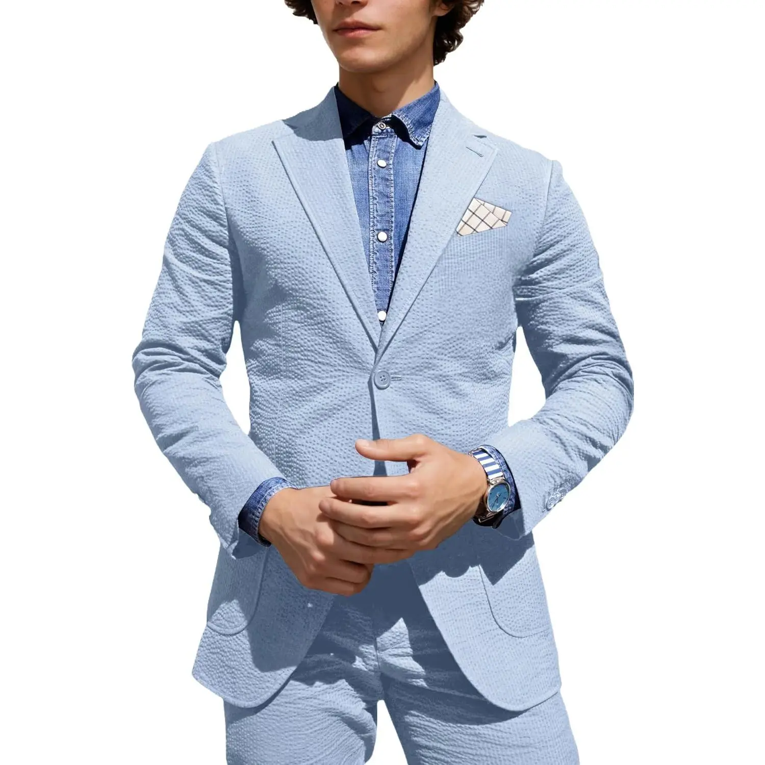 Men's 2-Piece Seersucker Fabric Suit - Slim Fit, Solid Pin Stripe, Menswear Jacket for Summer Beach Wedding, Graduation, Island Events (Formal & Casual), Set, Cotton