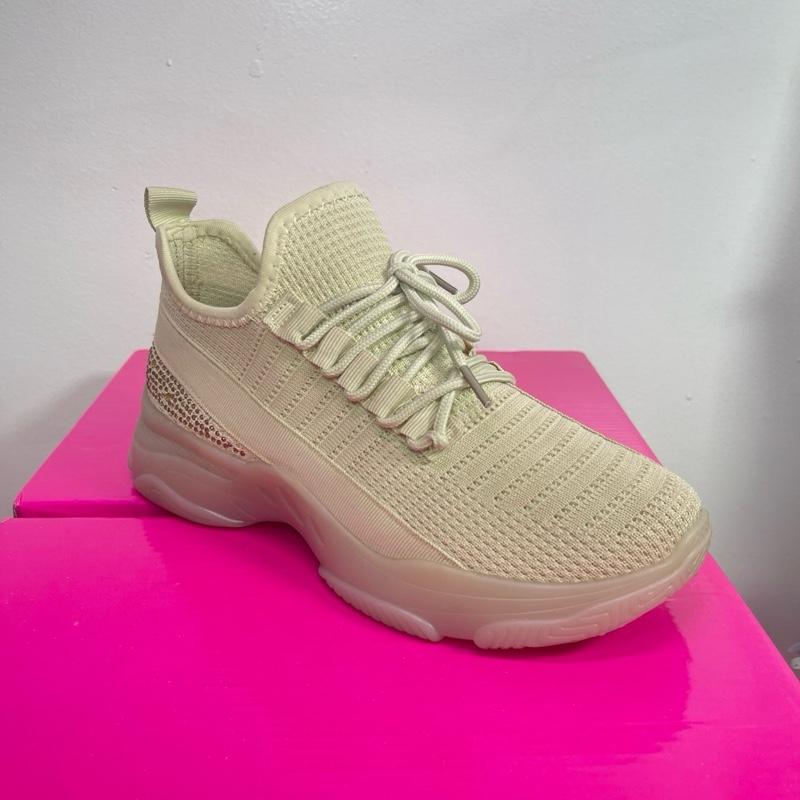 1930 Sporty Rhinestone Glitter Round Toe Sneakers for Women - Neon Yellow All Seasons Runner Sports Shoes for Casual Running & Training Athletic Trainer Footwear Girl Closed