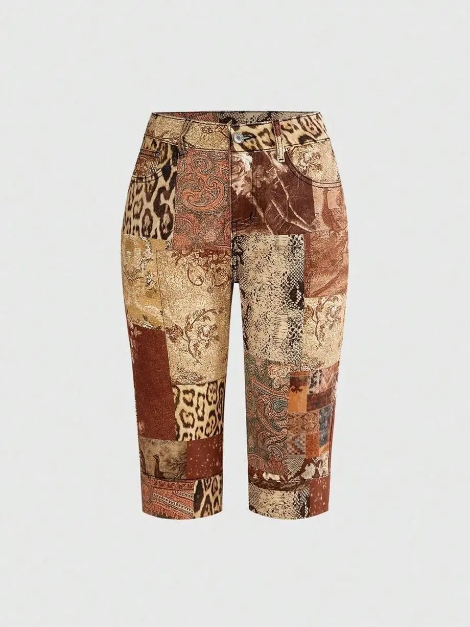 Leopard And Floral Print Denim Shorts, High Waisted Y2K Vintage Skinny Jean Shorts