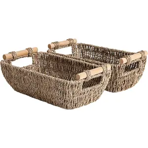 Small Baskets for Shelf, Seagrass Woven Basket with Wooden Handles for Gifts, 2-Pack
