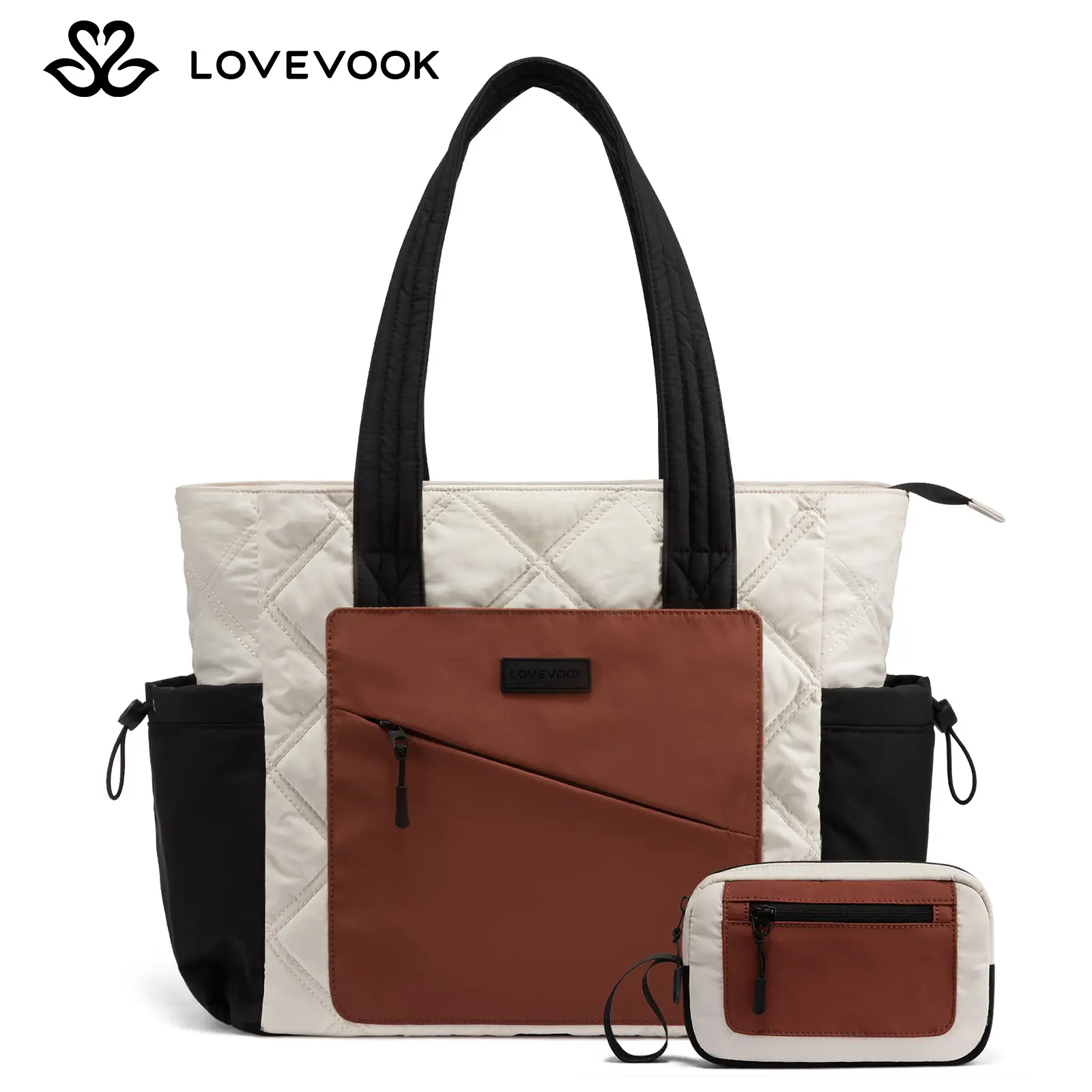LOVEVOOK Laptop Tote Bag for Women, Large Quilted Puffer Tote bag with Four Cup Holders, Work and Travel Shoulder Bag, Lightweight Puffy bag, Nurse Ha
