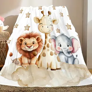 Soft Comfortable Funny Throw Blanket Cute Animal Cloud Star Flannel Blanket Giraffe Lion And Elephant Pattern– Cozy Throw For Sofa Bed Travel & Kids Room Decor