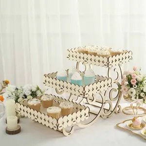 3-Tier Wooden Dessert Display 22" Rectangular Laser Cutout Design Natural - Serving Platter Cupcake Mini Cake Tray