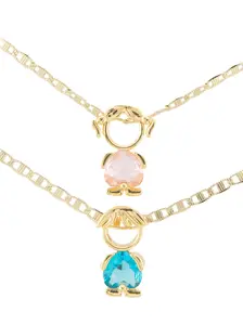 Gold-Plated Boy & Girl Charms with Blue & Pink Stones on 18-inch or 24-inch Thin Chain Necklace One for the Price