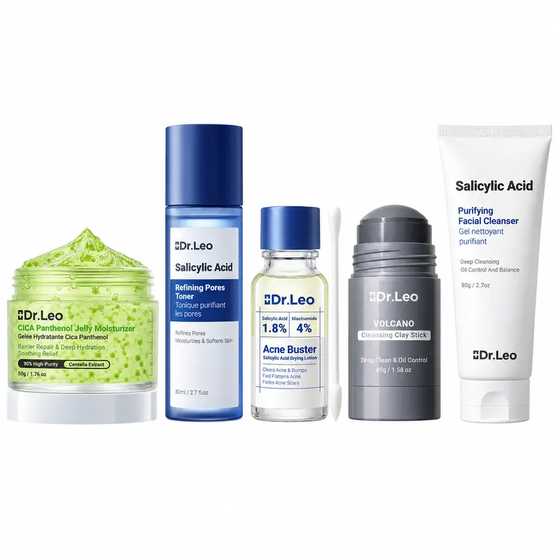 Dr.Leo Acne-Prone Skin Routine Kit | 5-Step Pore Care for Oily Skin, Clogged Pores & Breakouts | Deep Cleansing, Exfoliating, Hydrating & Spot Care Skincare Set