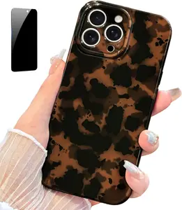 for iPhone 15 Pro Case with Privacy Screen Protector, Aesthetic Tortoise Shell Leopard Pattern, Slim Shockproof Translucent Brown deep Cover, Full Camera Protection, Trendy Case for Women