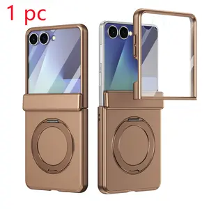 High-Quality Skin-Like Phone Case for Samsung Galaxy Z Flip7/6/5, Includes Tempered Glass, 360° Rotating Stand, Wireless Charging Support