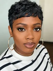 Pixie Wig for Daily Party Use, Stylish Layered Pixie Cut Soft Human Hair Wig for Women, Short Straight Wig in, Blonde, Burgundy, Colors