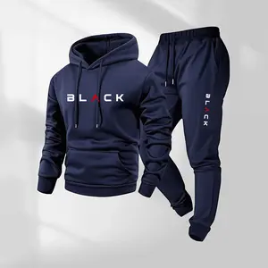 Men's Black Letter Printed Hoodie and Drawstring Sweatpants Set, Menswear, Casual Athletic Long Sleeve Hooded Jacket & Trousers for Fall & Winter, Men's Clothing for Daily Wear, Sportswear Indoor Outdoor, Tracksuit, Athleisure Summer Clothes