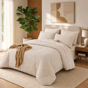 MUXHOMO 7 Pieces Comforter Set, Seersucker Bed in a Bag,girly bedroom decor,Summervibes, All Season Luxury Bedding Set with Comforter, Flat Sheet, Fitted Sheet, Pillowcases & Shams, Beige