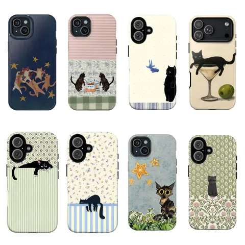 Vintage Cottage Patterned Cat Phone Case - Starry Night, Garden, Kitchen Designs, Shock-Resistant Polycarbonate Casing, Removable Padding, Wireless Charging Compatible, for iPhone 16-11 Pro Max X XS, Galaxy S25-S22 Ultra, Aesthetic Gift for Cat Lovers