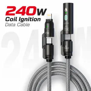 240W Coil Ignition All-in-One Charging Cable – USB-A/Lightning & Dual Type-C in One, 5FT Nylon Braided Cord, Charge MacBook, iPhone, Android Devices, 480Mbps Data Sync – Your Go-To Cable for Home, Office, Travel