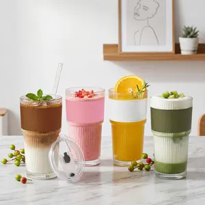 4-Pack 20oz Ribbed Glass Tumbler Set with Lids, Glass Straws & Sleeves, Reusable Iced Coffee Cups for Cold Drinks, Smoothies & Bubble Tea