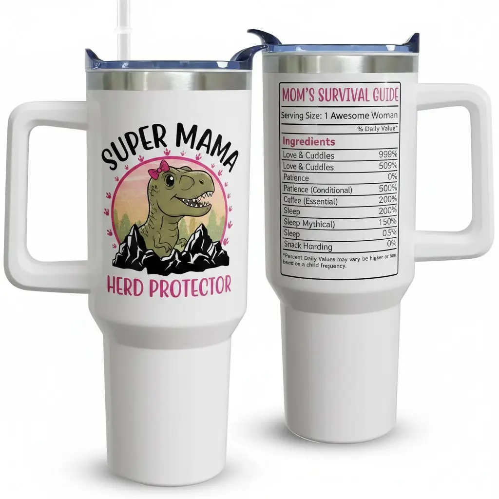 40oz Super Mama Mamasaurus Herd Protector Tumbler - Stainless Steel Travel Mug with Handle, BPA-Free Lid Straw, Features Hilarious Mom's Survival Guide Nutrition Label, Ideal for Coffee Tea Beer Water, Mother's Day Gift for Super Mama Best Mom Presen