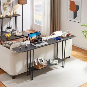 VECELO 71In Extra Long Narrow Sofa/Console Table with Charging Station & Power Outlet and USB Ports, for Entryway, Living Room, Office, Industrial, Charcoal Grey, Brown
