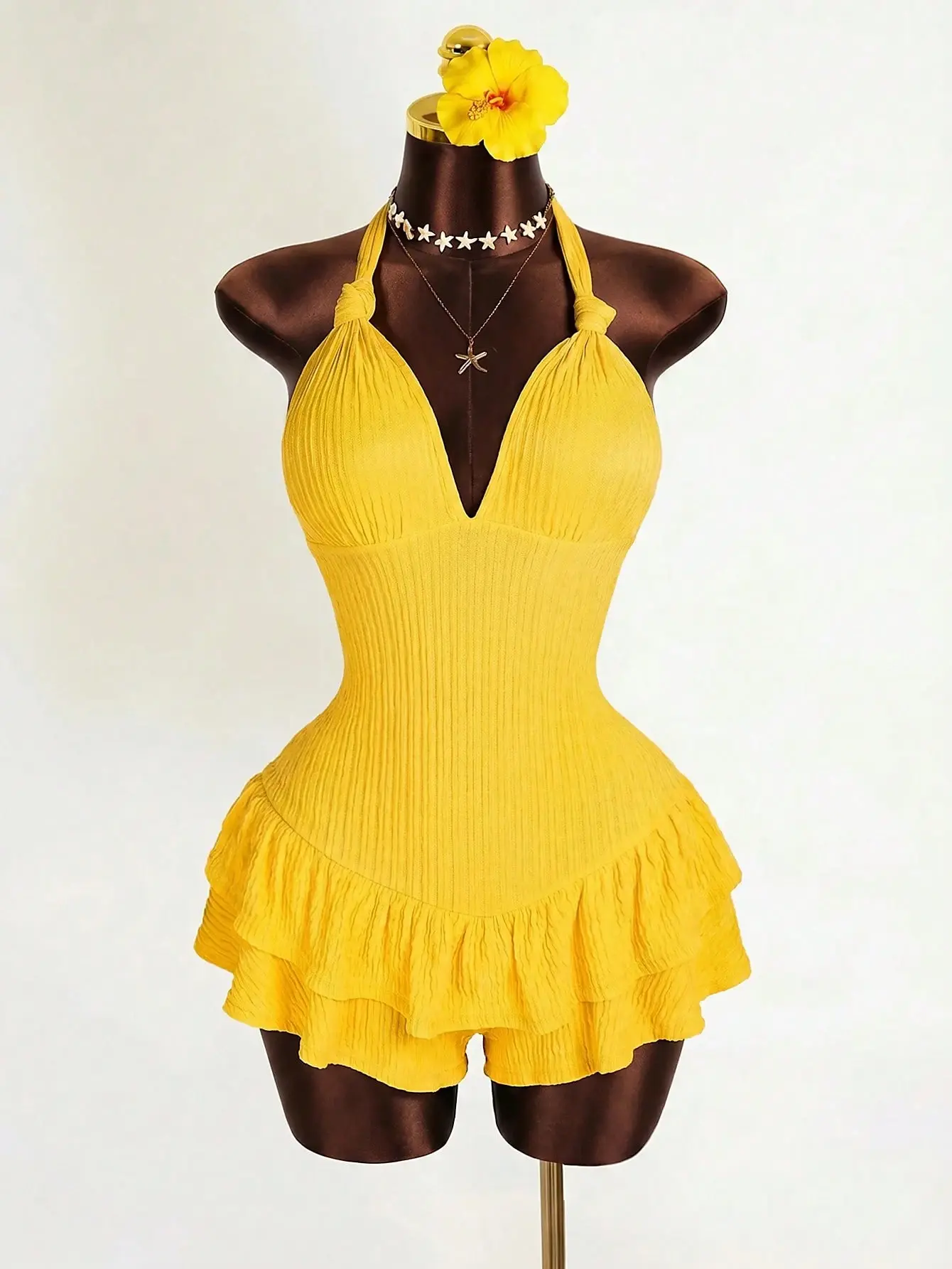 ZESTIVA Tie Front Backless Ruffle Trim Fitted Romper Shorts Summer Yellow Sexy Romper Beach Wear Day Party Outfit Cute Trendy Fashion