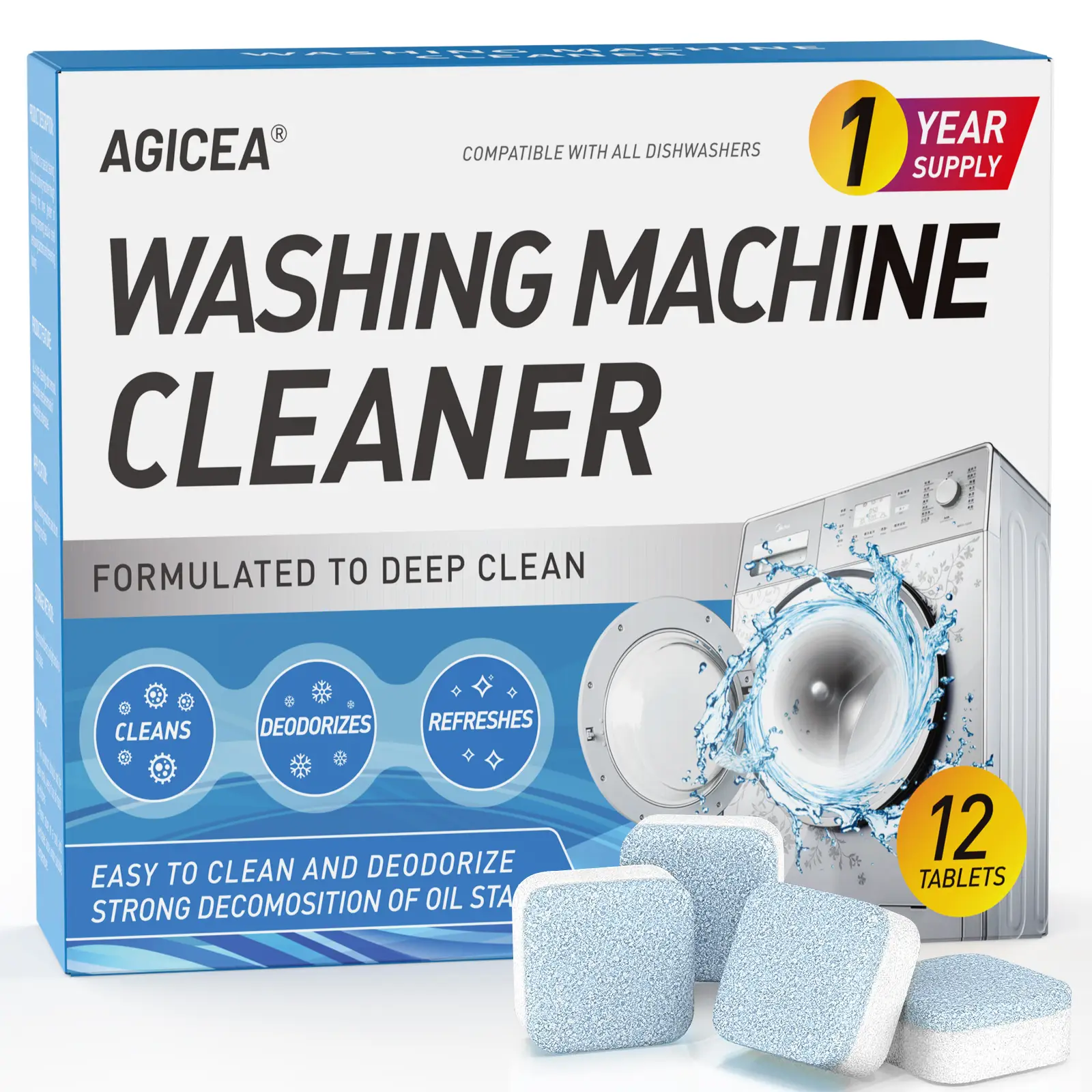 Washing Machine Cleaner Descaler 12 Pack - Deep Cleaning Tablets For HE Front Loader & Top Load Washer, Septic Safe Eco-Friendly Deodorizer, Clean Ins