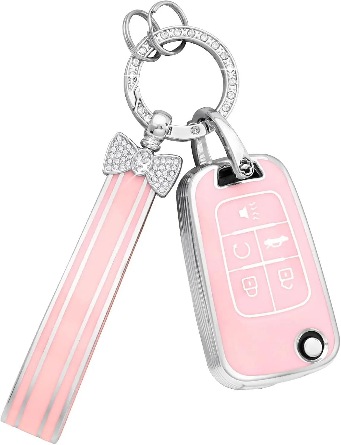 1pc Pink Car Key Cover for Chevy 5-Button Malibu, Equinox, Camaro, Cruze, Trax, Impala, Sonic - TPU Full Cover Case Shell Protector with Bling Keychain, Women's Cute Girly Automotive Interior Accessory to Protect and Decorate, Car Accessories, Cute Car De