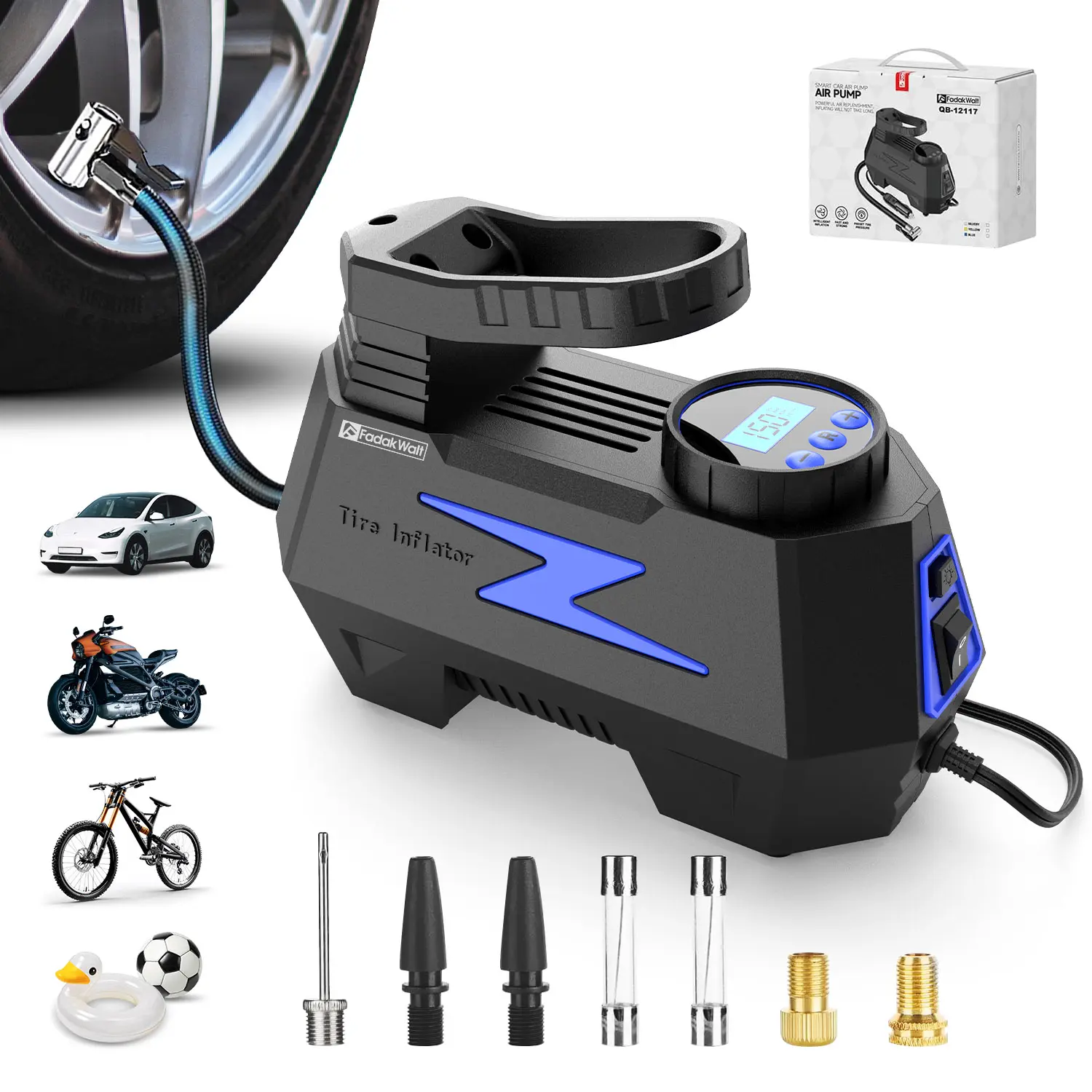 FadakWalt 12V Super Fast Car Tire Inflator, Portable with LED Light, Digital Display & Auto Shut-Off for Roadside Fixes, Tire Inflation for Car, Motorcycle, Bike, Balls, Fits Car, Motorcycle, Bike, And Balls
