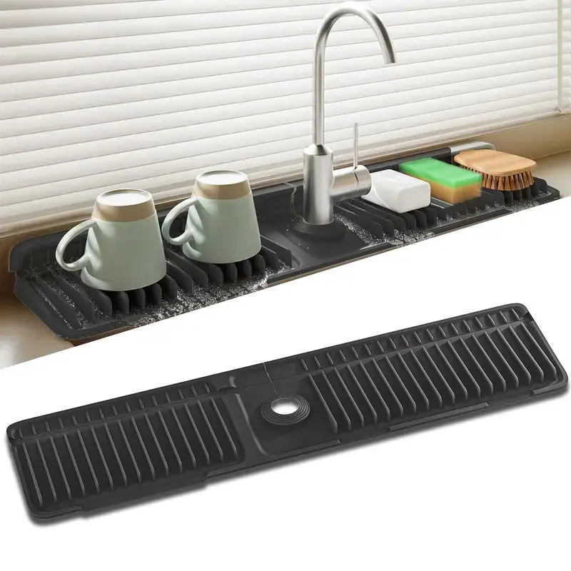 Adjustable 24-Inch Silicone Kitchen Sink Faucet Mat - 7° Slope Fast Self-Draining Organizer Draining Board, Water Splash Guard, Slotted for Home Organization, Organizer Draining Boards