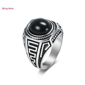Bling Nook Vintage Trend Titanium Steel Black Gemstone Ring for Men Artistic Niche High-end Index Finger Ring