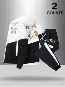 Men's Irish Theme Color-Block Tracksuit (Hooded Jacket + Sweatpants) IRISH Slogan + Shamrock Element Design Casual Loose Fit Balancing Regional Cultural Sense & Daily Adaptability Stylish Set Suitable for Festival Outfits, Casual Outings & Multi-Scenarios