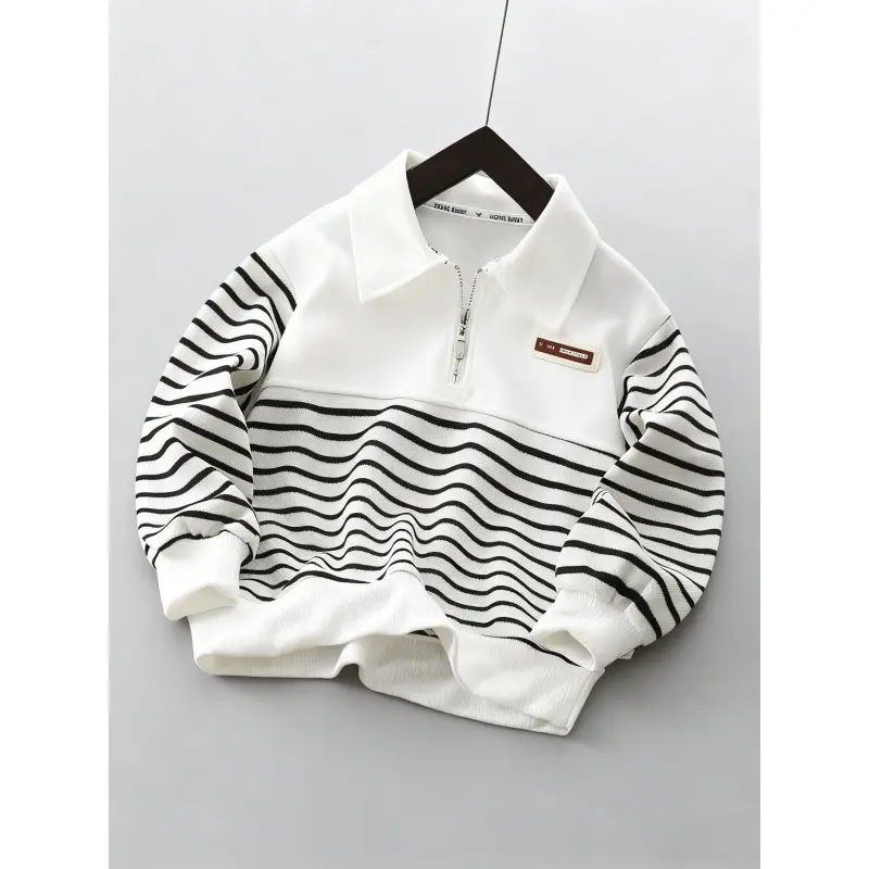 Toddler Boys' Crewneck Sweatshirt, Korean-Style Striped Long Sleeve Top with Embroidery, Warm Wear in Soft Fabric for Autumn