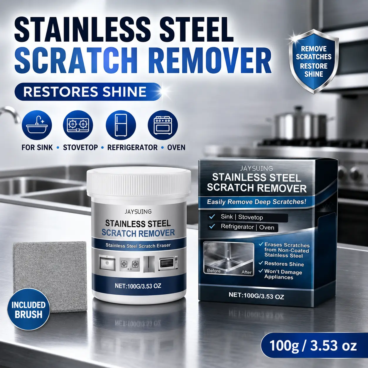 Jaysuing Stainless Steel Scratch Remover - Kitchen Daily Cleaning Agent for Stove Tops, Kitchenware - Restores Surface Finish