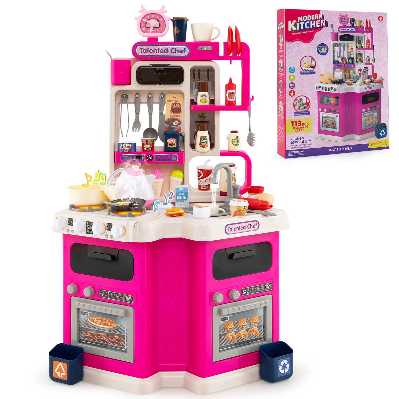 Costway Kids Kitchen Playset, Corner Play Kitchen with Realistic Sounds and Lights, Cooking Stove with Steam, Play Sink and 113 PCS Accessories, Pretend Kitchen Toy Set for Children 3+ Years Old
