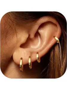 4 Pairs Gold Plated Hoop Earrings Set for Women 925 Sterling Silver Post Small Gold Huggie Chunky Earrings for Multiple Piercing Cartilage Hoop Earrings Stack Jewelry 6mm 8mm 10mm 12mm