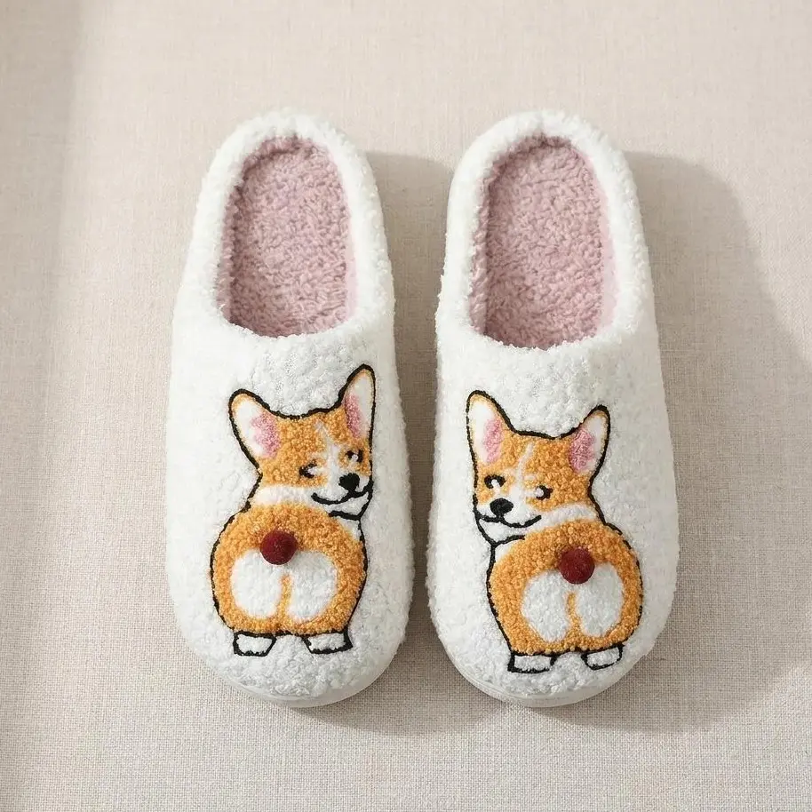 Cotton Slippers Cute Short Legs Corgi Dog Funny Slippers for Women Comfortable Cozy Soft Wool Slippers Pet House Indoor Shoes Footwear Flipflop Slide Gift Ideas