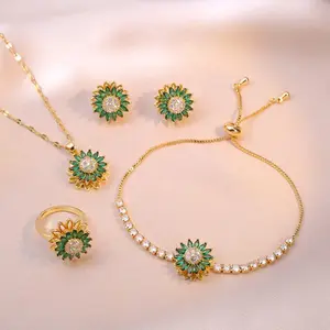 5PCS Green Rotating Sunflower Jewelry Set Necklace for Women Trendy Style Micro-Paved Zircon Emerald Green Sunflower Rotating Choker Ring Earrings and Bracelet Set