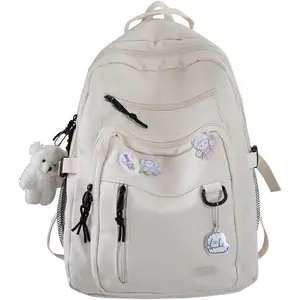 Cute Aesthetic Backpack for School Middle Student Travel White Backpack Teens Girls Bear Pin Book Bags