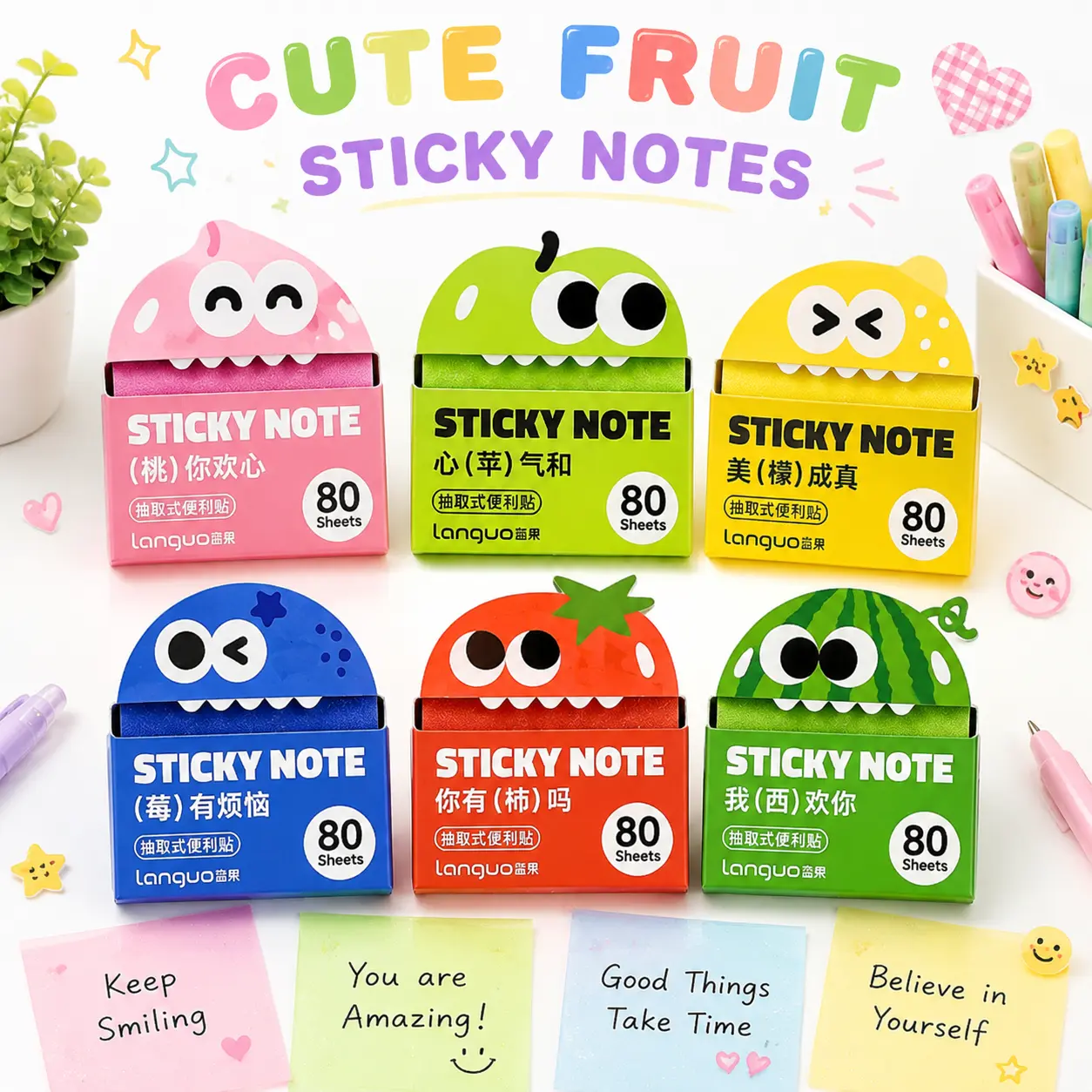 6/12 Pack Glitter Cute Fruit Sticky Notes Set, 480/960 Sheets Transparent Pop-Up Sticky Notes 3x3 Inch, Kawaii Fruit Dispenser Notes, Sparkle Translucent Sticky Notes for Study, School, Journaling, Annotation & Office Desk Supplies