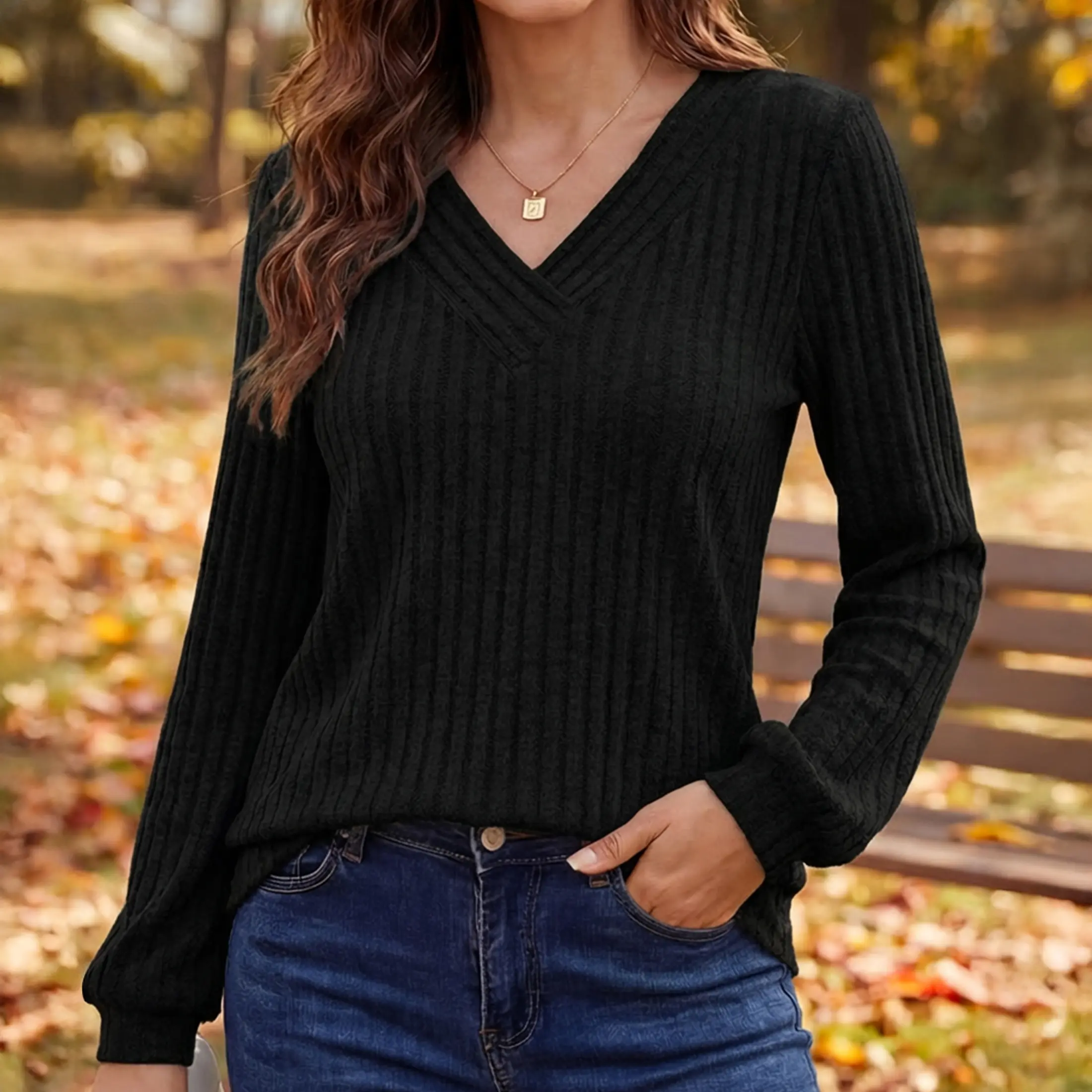 Stylish Women's V-Neck Ribbed Sweater Long Sleeve Fall Outfit Essential