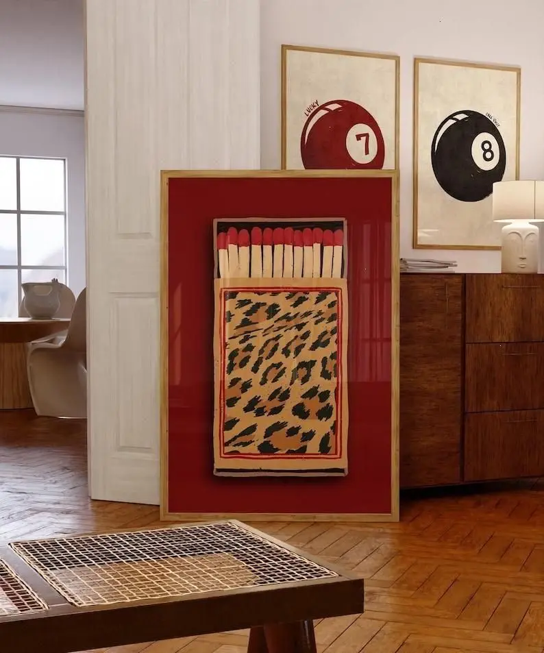 Retro Leopard Matchbox Printable Wall Art, Trendy Dorm Room And Bar Cart Decor