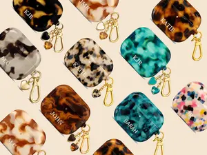 [No Keychain] Personalized Custom Initials Tortoise Shell Airpods Case Monogram For Airpods Gen 1 2 3 4 Marzipan Tide PoolSesame Tortoise Pattern Covers