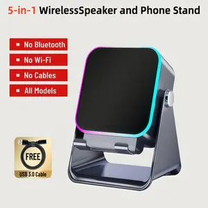 【Holiday Gifts】5-in-1 Wireless Induction Bluetooth Audio Speaker Stand（Phone Holders & Mounts）, Smartphone/Tablet Holder, 5000 mAh Rechargeable Emergency Power Bank, 360° Adjustable Stand with Colorful Ambient Lighting - Gift for Men and women (Black)