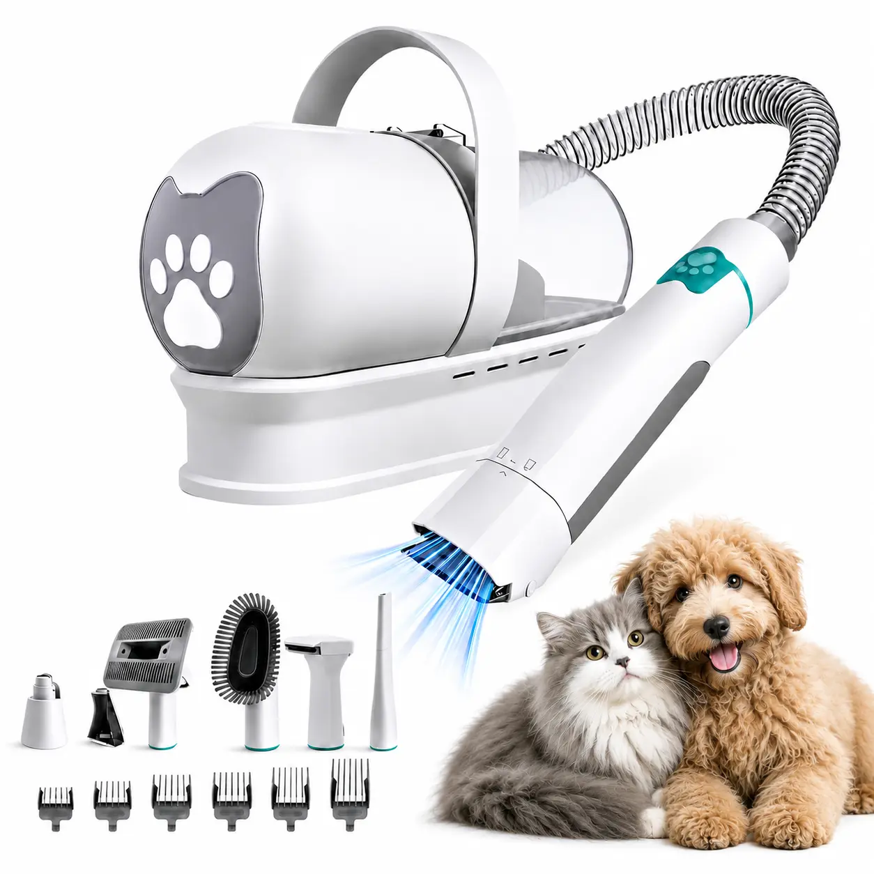 Pet Grooming Kit with Vacuum for Dogs & Cats, 7-in-1 Pet Hair Clipper & Trimmer Set with Paw Care Tool, Nail Grinder & 6 Guide Combs