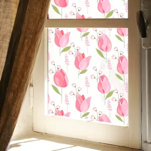 A pink tulip window sticker, which is a decorative window decal, can be used on windows, shop windows, and glass doors. It is a static sticker with the model number BDJ3037.