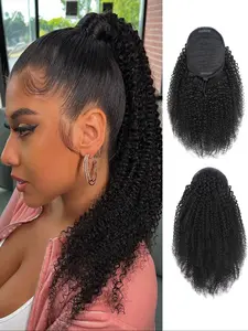 Human Hair Afro Kinky Curly Ponytail Drawstring Ponytail for Women Afro Puff Drawstring Ponytail Extension Human Hair Natural Black 16 Inch Glueless kinky curly Curly Hair Extensions