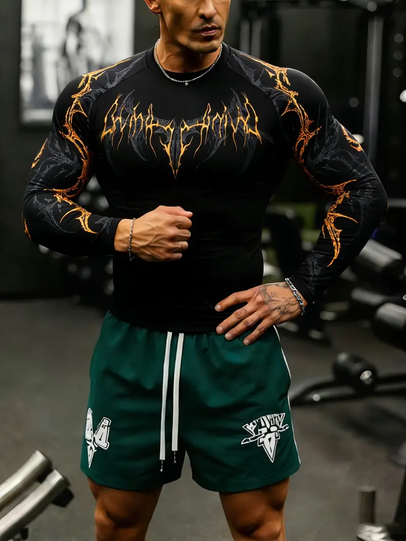 Men's Professional Sports Quick-Dry Fitness Shirt, Gothic Print Long Sleeve, High Elasticity, Round Neck, Moisture-Wicking, Running, Training, Daily Wear