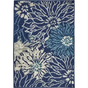 212 MAIN Whimsical Scatter Area Rug, 2x3 ft Navy & Ivory Cut Pile Floral Motif, Stain-Resistant Contemporary Rugs for Modern Home Decor